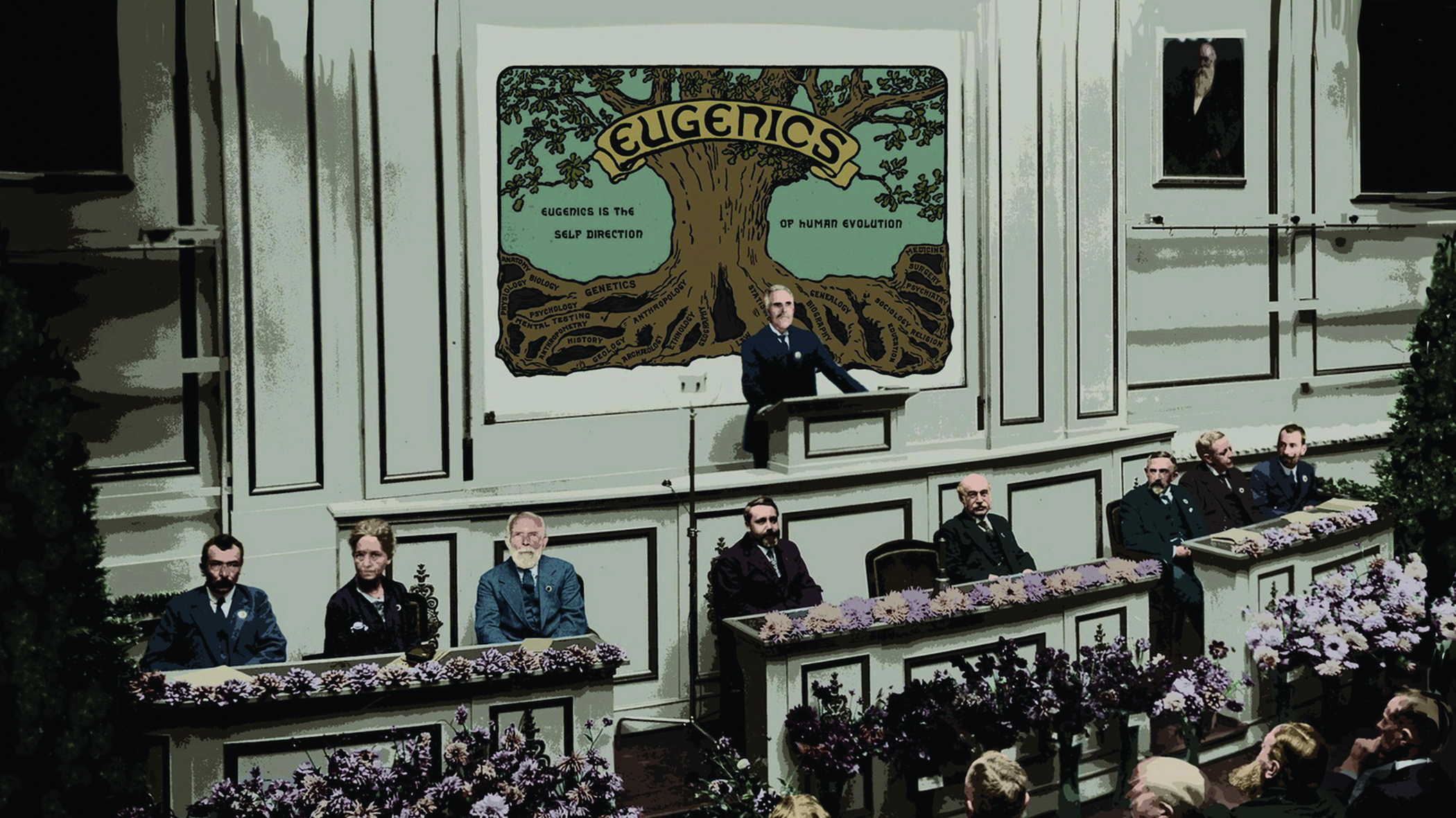 Ein Bild aus dem Film "A Dangerous Idea" das Mitglieder der Eugenik-Bewegung bei einer Konferenz darstellt.