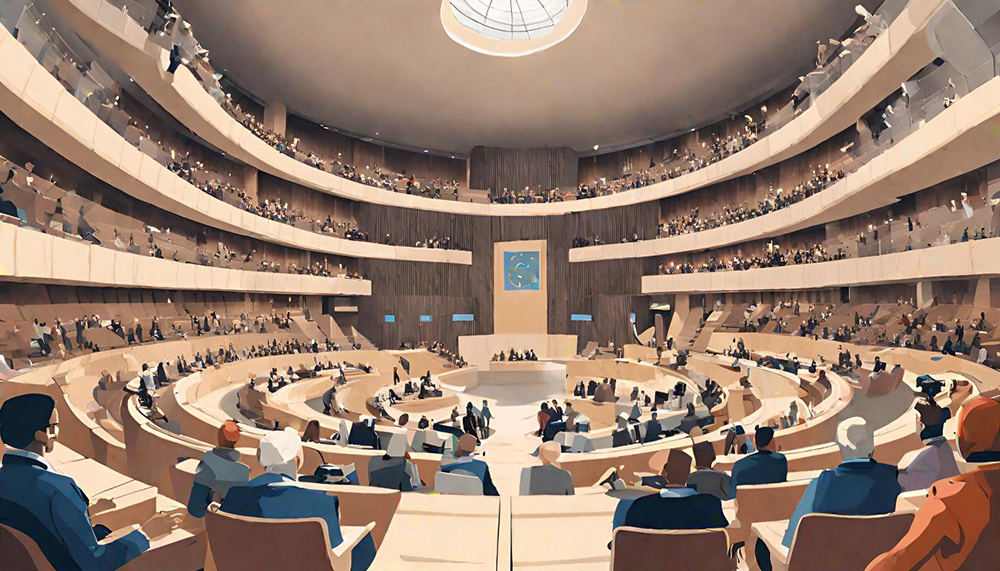 Ein mittels K.I. generierter Plenarsaal mit Rängen voller Menschen