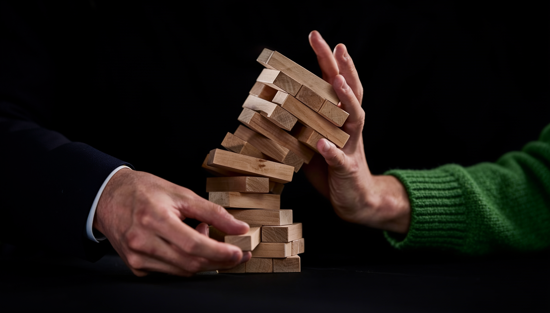 Ein wackliger Jenga-Turm vor schwarzem Hintergrund. Zwei Hände interagieren mit dem Turm: von links zieht eine Hand im Anzug einen Stein aus dem Turm, während von rechts eine Hand imm grünen Wollpulli den Turm stützt der umzufallen droht.