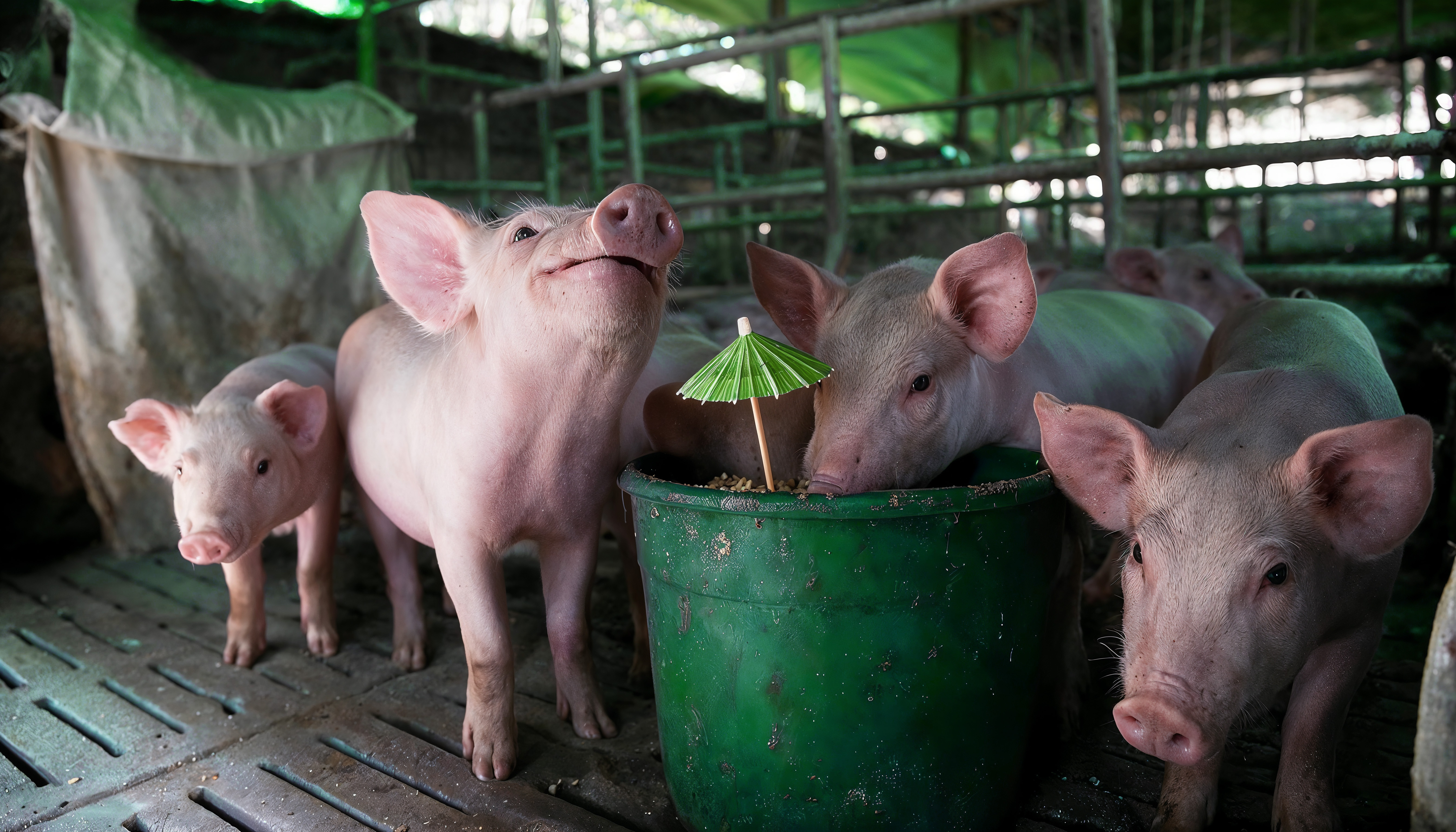 Blick in einen Schweinestall. Drei Schweinne fressen aus einem Eimer mit Tierfutter in dem ein Cocktail-Schirmchen steckt.