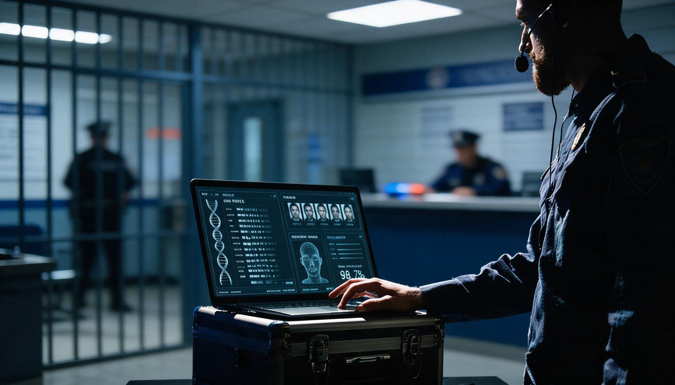 Blick auf einen Laptop in einer Polizeiwachstube. Auf dem Bildschirm sind futuristische Datenbankeinträge mit Portraitbildern und einer DNA Helix zu sehen. Ein Polizist bedient den Laptop und ist nur teilweise im Bild.