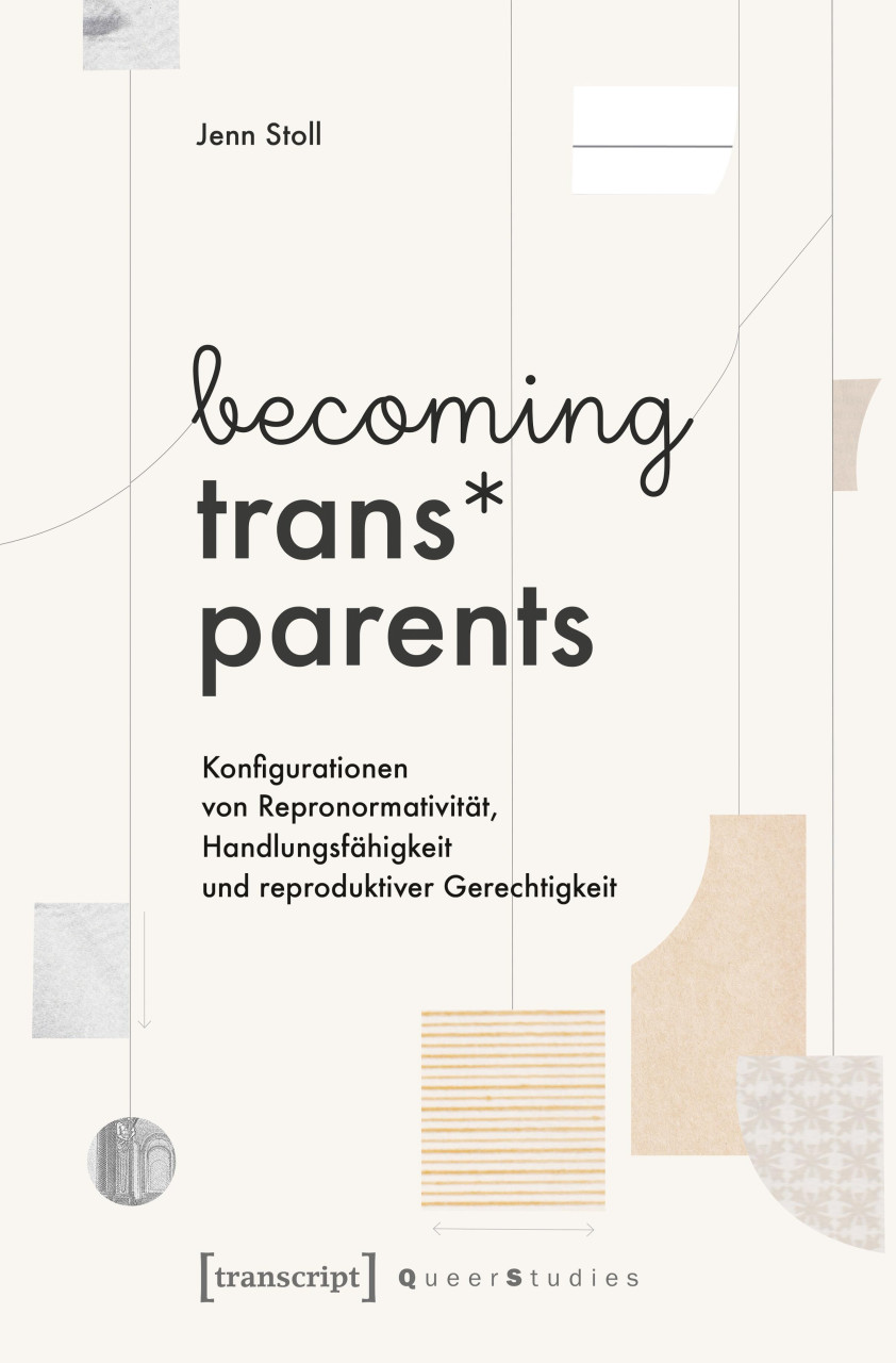 Cover des Buchs "becoming trans* parents." mit schwarzem Schriftzug auf gemustertem weißem Hintergrund.
