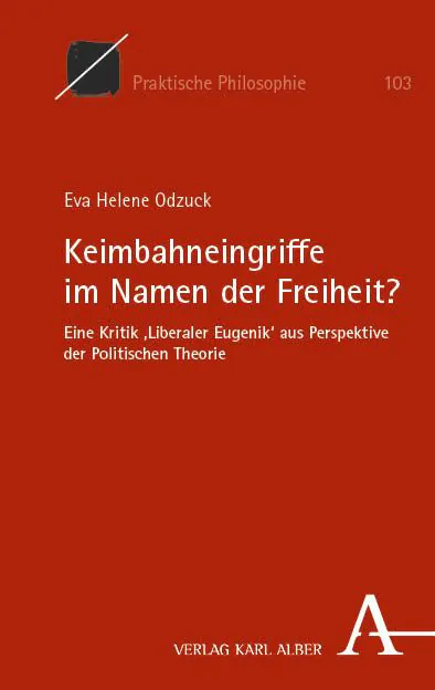 Cover des Buchs "Keimbahneingriffe im Namen der Freiheit?" mit  weißem Schriftzug auf rotem Hintergrund.