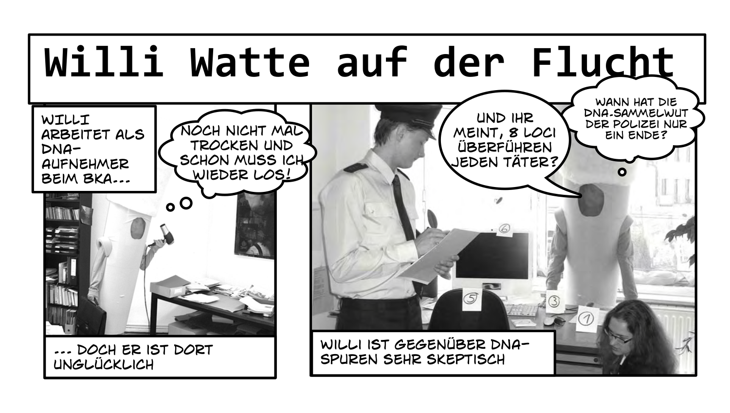 Die ersten Beiden Panels des GeN-Comics "Willi Watte auf der Flucht": Das erste Bild zeigt das überdimensionale Wattestäbchen Willi auf dem Weg zur Arbeit bei der Polizei, im zweiten Bild diskutiert Willi mit Arbeitskolleg*innen. 