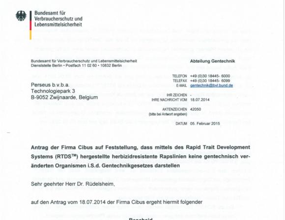 Ausschnitt aus Bescheid des BVL zum Cibus-Raps von Februar 2015.