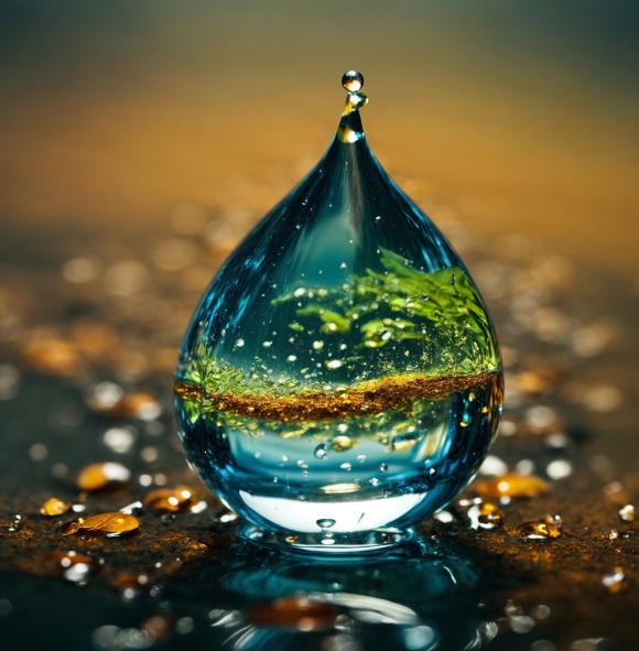 Wassertropfen in dem sich Pflanzen spiegeln