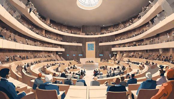 Ein mittels K.I. generierter Plenarsaal mit Rängen voller Menschen