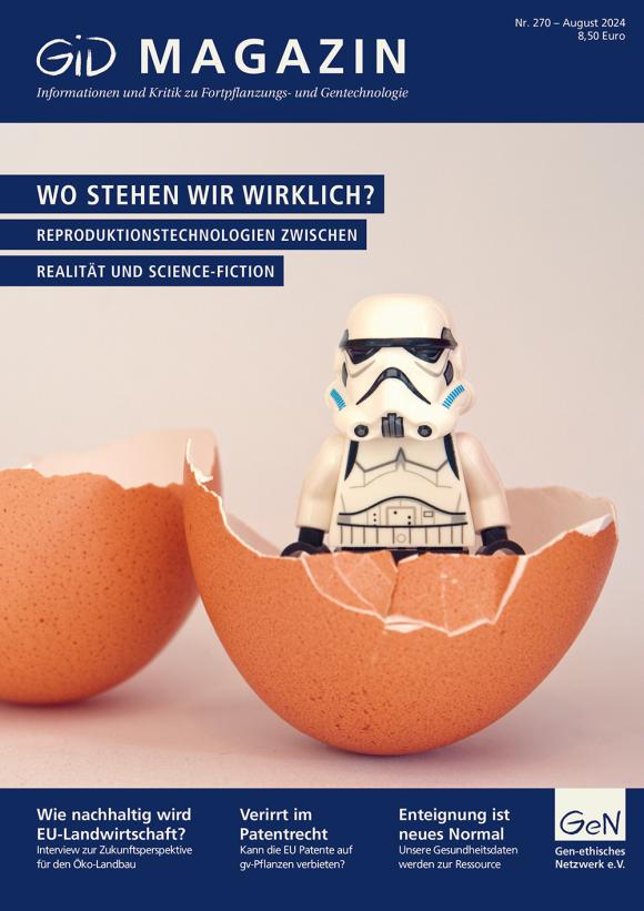 Titelblatt des GID MAGAZINS: Eine Stromtrooper-Lego-Figur steht in einer halben Eierschale, vor beigem Hintergrund.