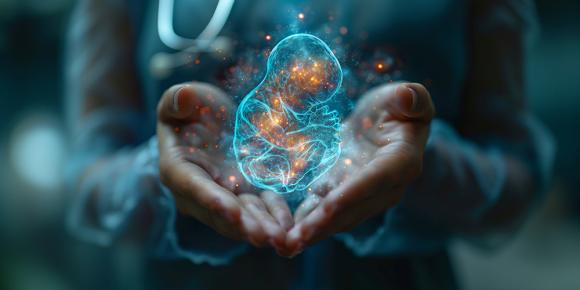 Nahaufnahme von zwei Händen, die eine Schale formen. Darin schwebt ein Hologramm von einem Fötus. 