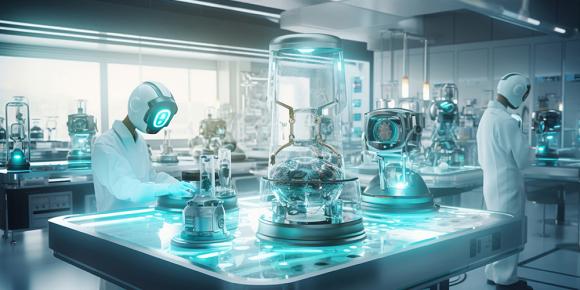 Zu sehen ist ein futuristisches Labor, eine Figur mit Display als Gesicht steht an einem Leuchttisch. Auf dem Tisch stehen Apparaturen, die wie Kolben oder Saugglocken aussehen.