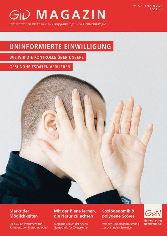 Das Cover hat oben und unten einen roten Schreifen, oben steht "GID MAGAZIN - Informationen und Kritik zu Fortpflanzungs- und Gentechnologie", unten stehenn die Titel dreier Artikel im Heft. Zwische den roten Streifen ist auf einem Bild der Kopf einer Person mit sehr kurz rasierten Haaren von der Seite zu sehen. Die Person verdeckt ihr Gesicht seitlich mit ihren Händen, sodass sie nicht zu erkennen ist.
