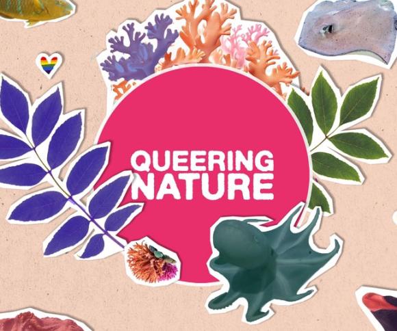 Illustration mit Tieren, Pflanzen und Korallen um einen pinken Kreis mit dem Schriftzug ‚Queering Nature‘, ergänzt durch kleine Regenbogenherzen.