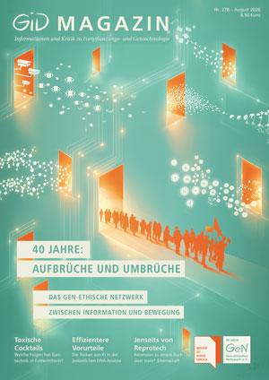 Cover des GID Magazins mit stilisierten, leuchtenden Türen und einer Menschenmenge, die durch eine Tür geht, dazu Text zu 40 Jahren Aufbrüchen und Umbrüchen im gen-ethischen Netzwerk